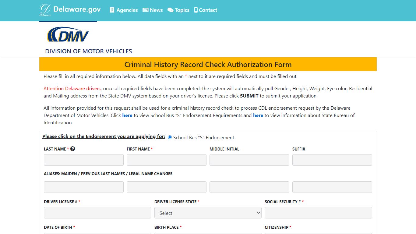 Criminal History Record Check Authorization Form - De